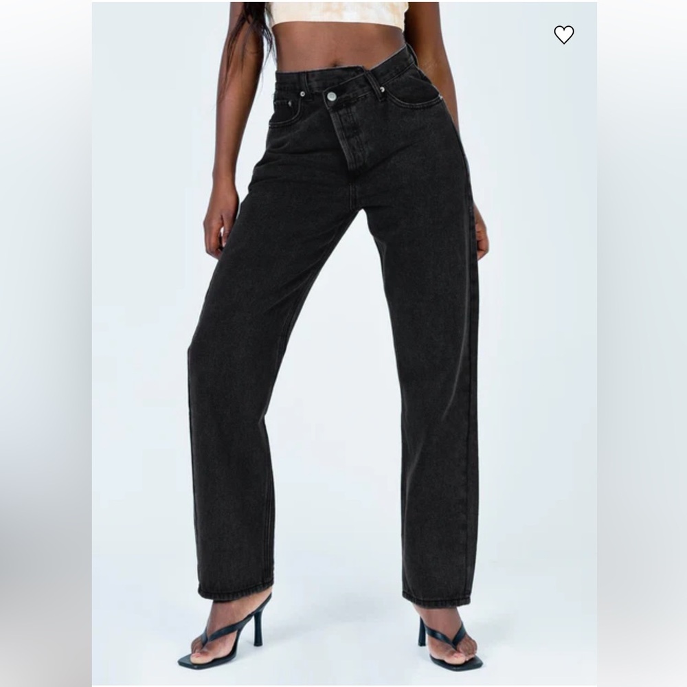 Princess Polly Asymmetric Straight Leg Jean Black Denim